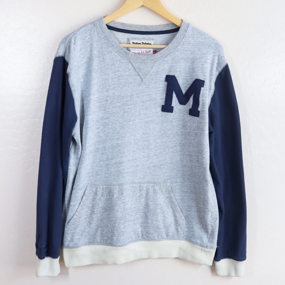 Mitchell Ness Michigan Wolverines College‎ Vault Crewneck Sweatshirt Pocket M